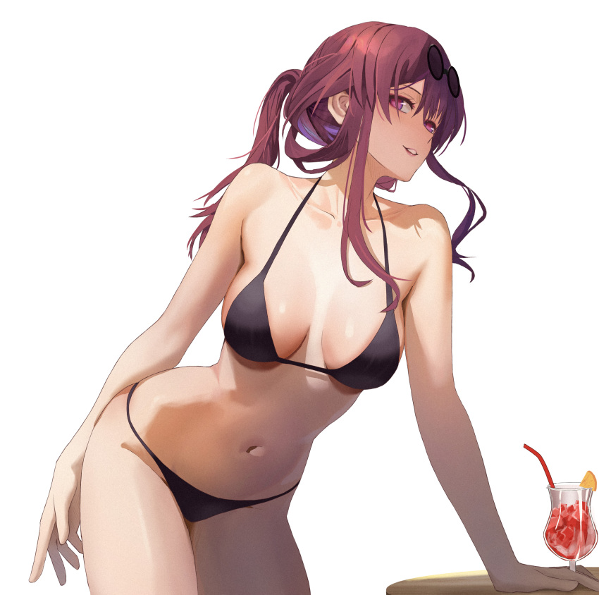 1girl absurdres alternate_costume arm_behind_back arm_support bikini black_bikini breasts clisapex cocktail_glass cup drinking_glass drinking_straw eyewear_on_head food fruit halterneck highres honkai:_star_rail honkai_(series) kafka_(honkai:_star_rail) leaning_forward leaning_on_table long_hair looking_at_viewer looking_to_the_side medium_breasts navel no_pupils orange_(fruit) orange_slice parted_lips pince-nez ponytail purple_eyes purple_hair round_eyewear round_table sideboob sidelocks simple_background solo stomach strap_gap string_bikini swimsuit table tropical_drink white_background wooden_table