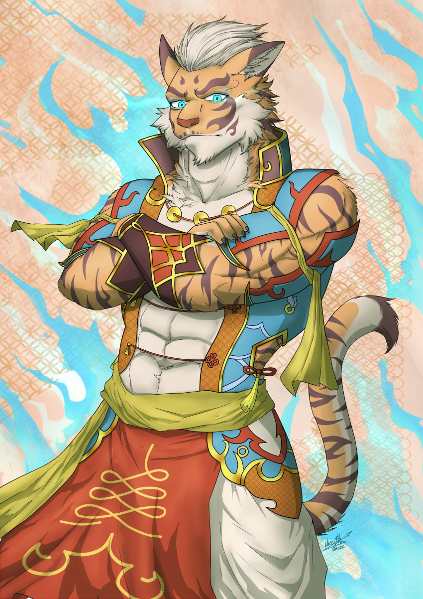 abs absurd_res anthro armor blue_eyes clothed clothing felid fire fur hair hi_res lin_hu looking_at_viewer male mammal muscular muscular_anthro muscular_male nekojishi pantherine pecs piercing_eyes pinup pistacho pose simple_background solo stripes studio_klondike tail tiger visual_novel