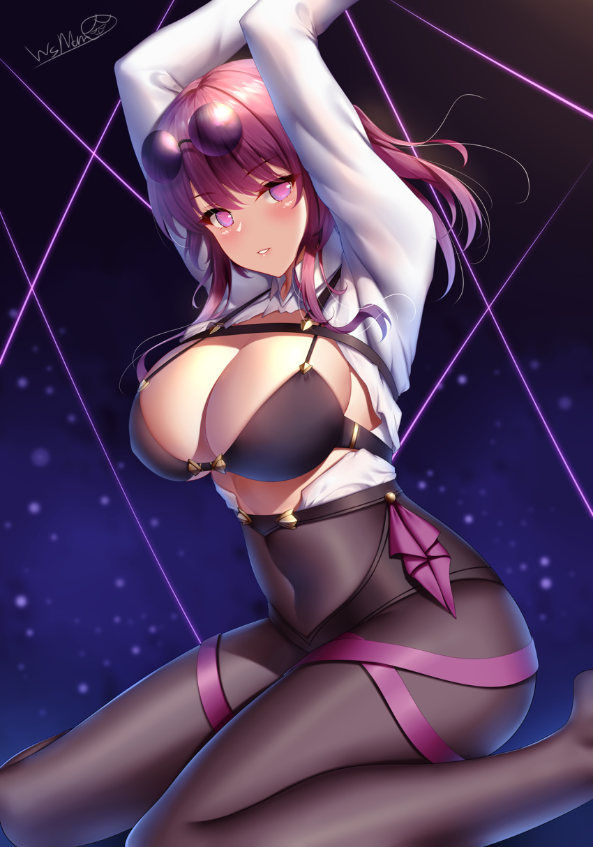 1girl blush breasts highres honkai:_star_rail honkai_(series) kafka_(honkai:_star_rail) large_breasts long_hair long_sleeves looking_at_viewer pantyhose purple_eyes purple_hair smile solo thighs wsman