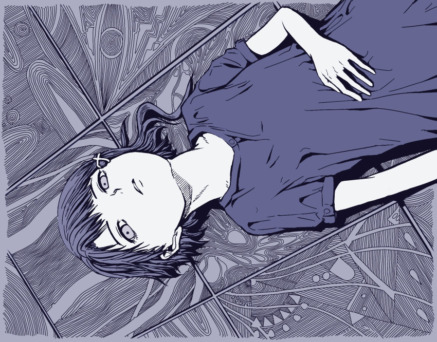 1girl arm_at_side asymmetrical_hair blue_theme dress from_above hair_ornament hand_on_own_stomach head_tilt highres iwakura_lain lips looking_at_viewer lying medium_hair monochrome on_back parted_lips sano_(sano45726280) serial_experiments_lain short_sleeves single_sidelock solo tile_floor tiles x_hair_ornament