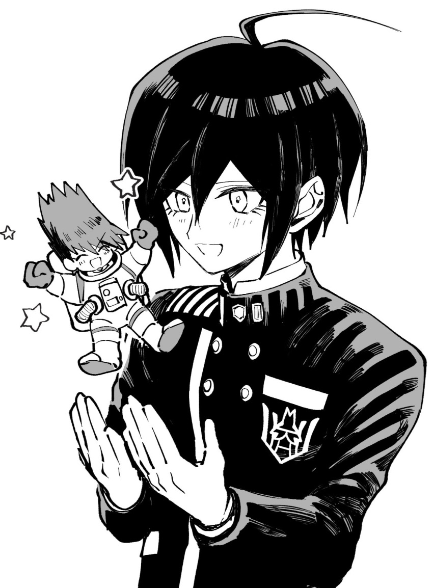 2boys :d ahoge arms_up astronaut blush breast_pocket buttons chibi danganronpa_(series) danganronpa_v3:_killing_harmony double-breasted greyscale hands_up highres long_sleeves male_focus momota_kaito monochrome multiple_boys pocket saihara_shuichi short_hair smile spacesuit spiked_hair visket53