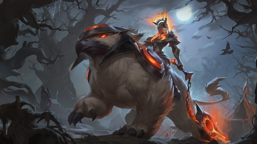 1girl animal armor bare_tree bird bristle cloud covered_eyes facing_to_the_side glowing glowing_eyes helmet highres holding holding_weapon league_of_legends legends_of_runeterra moon night official_art red_eyes riding sejuani shoulder_armor sitting solar_eclipse_sejuani tent tree weapon