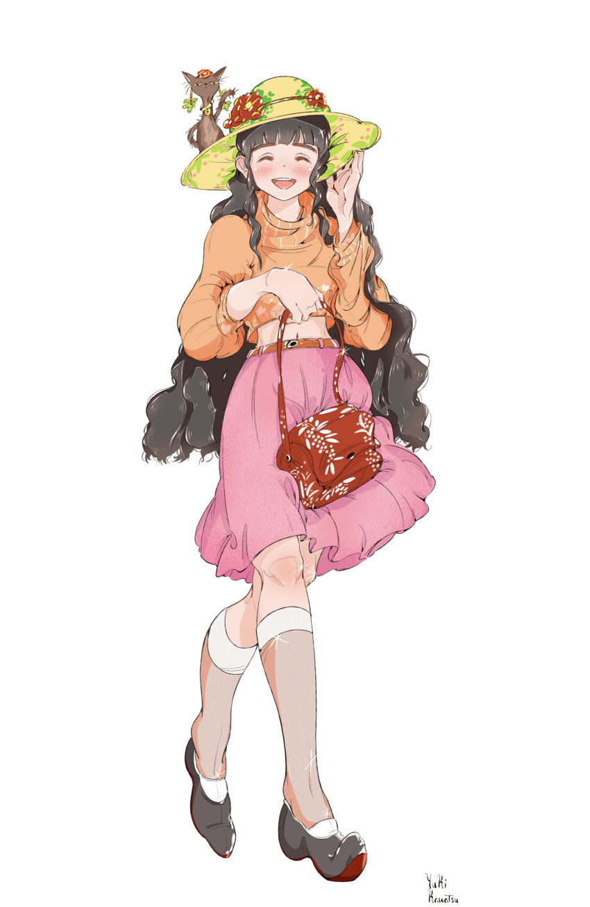 1girl absurdres animal_on_head artist_name bag black_footwear black_hair blush cat cat_on_head closed_eyes grey_socks hand_up hat highres holding holding_bag kawatsu_yuuki long_hair long_sleeves midriff navel on_head open_mouth orange_shirt original pink_skirt print_bag print_headwear red_bag shirt simple_background skirt smile socks solo very_long_hair white_background