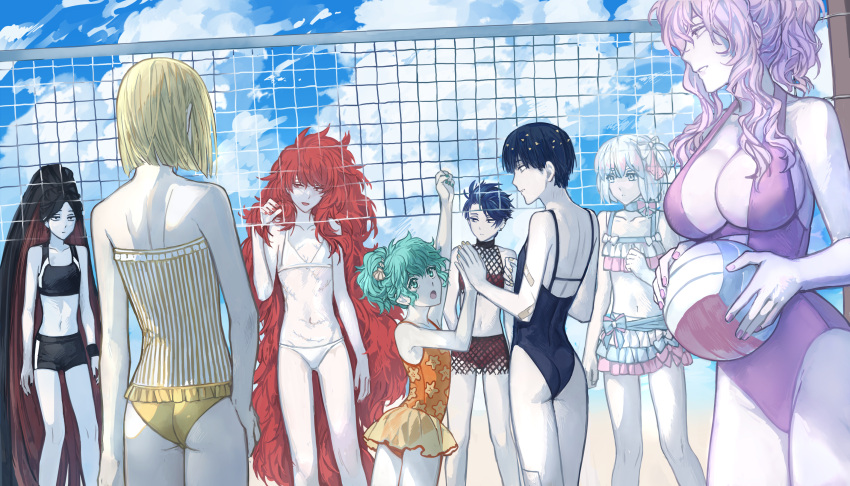 6+girls ball beach_volleyball bikini black_hair blue_eyes blue_hair blue_one-piece_swimsuit blue_sky blue_zoisite_(houseki_no_kuni) bort breasts cleavage cloud cloudy_sky colored_inner_hair day diamond_(houseki_no_kuni) flat_chest frilled_bikini frills hand_on_own_hip highres houseki_no_kuni humanization large_breasts long_hair medium_hair multicolored_hair multiple_girls navel one-piece_swimsuit outdoors padparadscha_(houseki_no_kuni) phosphophyllite_(ll) pink_eyes pink_hair pink_one-piece_swimsuit red_eyes red_hair short_hair sky standing stitched_torso stitches swimsuit ventricosus very_long_hair volleyball volleyball_(object) volleyball_net white_bikini white_eyes white_hair yellow_diamond_(houseki_no_kuni) yellow_one-piece_swimsuit zakirsiz