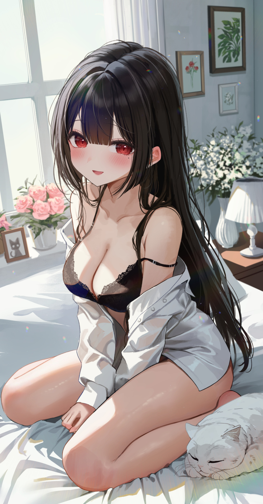 1girl absurdres animal bare_legs bare_shoulders bed black_bra black_hair bra breasts cat cleavage collarbone highres indoors jacket kudou_(sikisiki0000) lace-trimmed_bra lace_trim large_breasts long_hair long_sleeves looking_at_viewer mole mole_under_eye off_shoulder on_bed open_clothes open_mouth open_shirt original red_eyes shirt smile solo spaghetti_strap strap_slip thighs underwear very_long_hair white_shirt