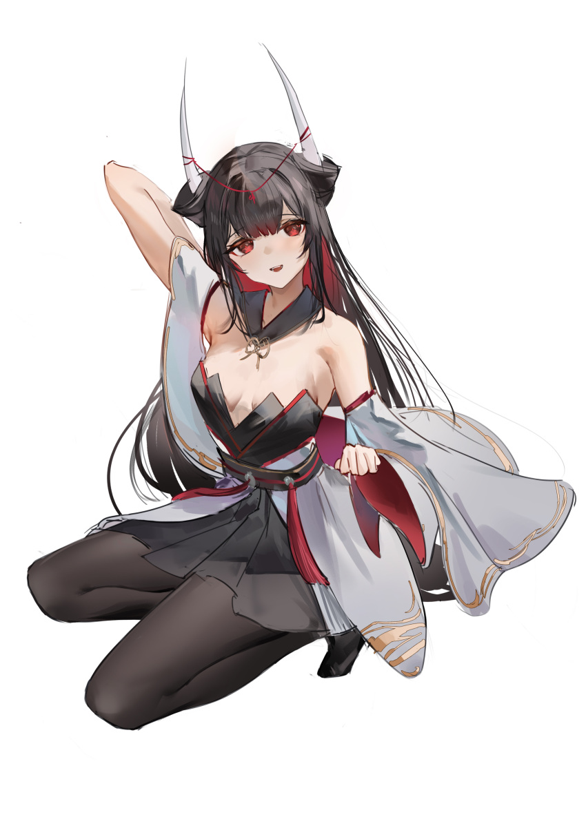 1girl absurdres arm_behind_head arm_up azur_lane bare_shoulders black_hair black_pantyhose black_sailor_collar black_skirt breasts colored_inner_hair detached_collar detached_sleeves flantia hatsuzuki_(azur_lane) highres horns japanese_clothes medium_breasts multicolored_hair open_mouth pantyhose pleated_skirt red_eyes red_hair sailor_collar simple_background skirt smile solo white_background white_sleeves wide_sleeves