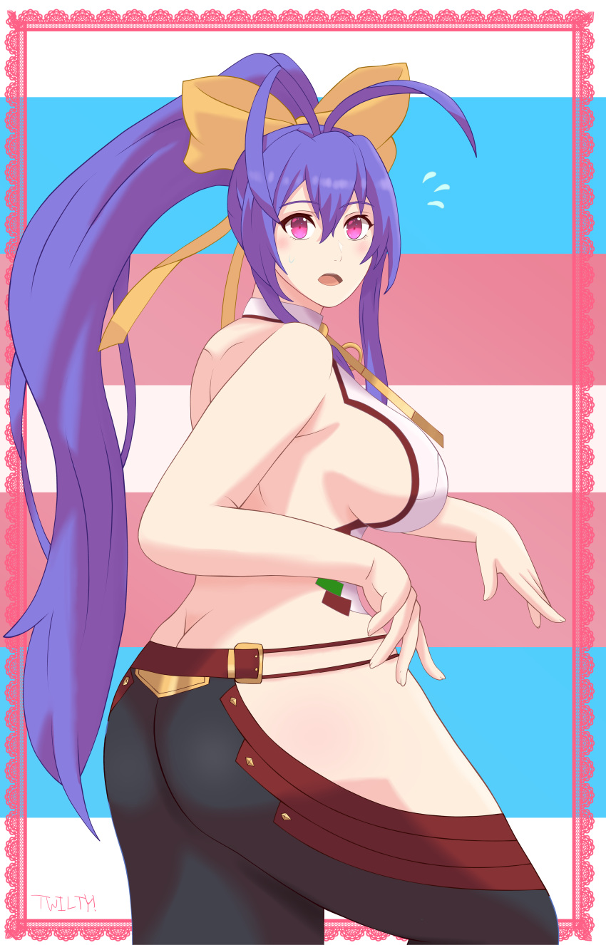 1girl absurdres blazblue blazblue_remix_heart blazblue_variable_heart bow breasts butt_crack hair_between_eyes hair_bow highres large_breasts long_hair looking_at_viewer mai_natsume nervous pink_eyes ponytail purple_hair shirt sideboob transgender_flag twilthero very_long_hair white_shirt