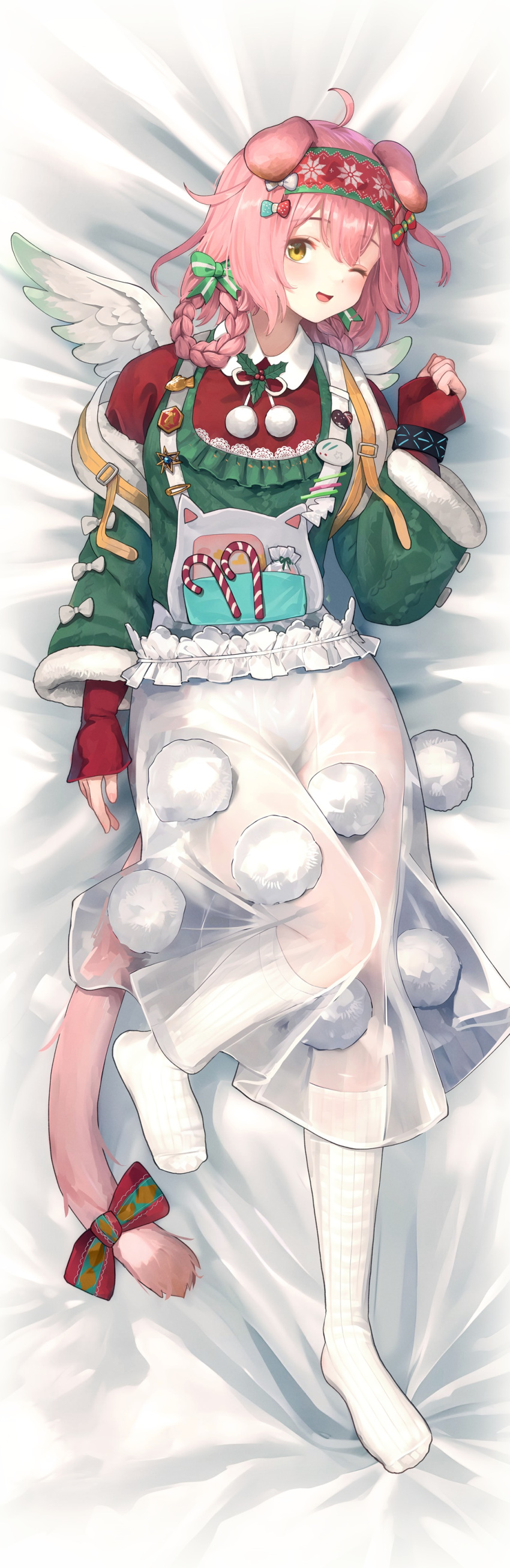 1girl ;d absurdres ahoge animal_ears arknights bed_sheet blush bow braid candy candy_cane cat_ears cat_girl cat_tail dakimakura_(medium) feathered_wings food from_above full_body goldenglow_(arknights) goldenglow_(night_loving_servant)_(arknights) hair_rings hairband highres holly kneehighs long_hair long_skirt long_sleeves looking_at_viewer lying official_alternate_costume on_back on_bed one_eye_closed pink_hair pom_pom_(clothes) red_bow red_hairband red_shirt see-through shirt skirt sleeves_past_wrists smile socks solo suspenders tail tail_bow tail_ornament welt_(kinsei_koutenkyoku) white_skirt white_socks white_wings wings yellow_eyes