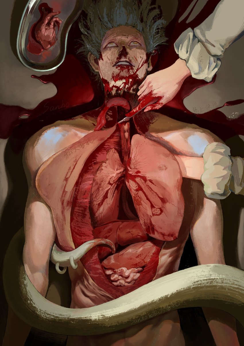 1boy 1other absurdres blood blood_on_face blood_on_hands blue_hair corpse doctor entrails guro heart_(organ) highres hisoka_morow holding_scalpel hunter_x_hunter intestines lungs male_focus organs sanho_sanho scalpel severed_tongue short_hair signature sleeves_rolled_up spoilers tentacles yellow_eyes
