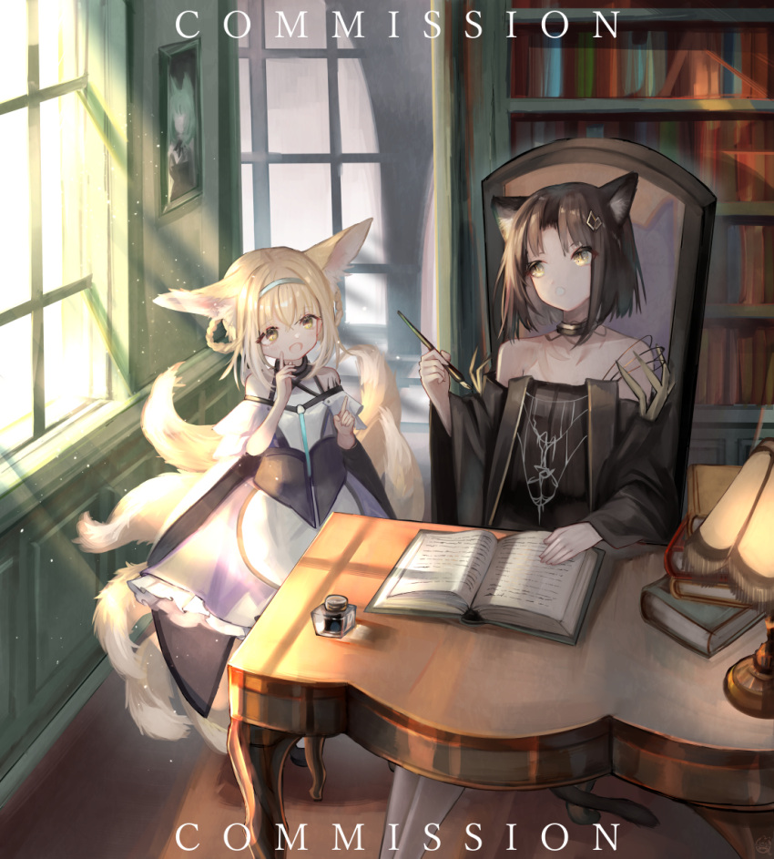 2girls animal_ear_fluff animal_ears apron arknights bare_shoulders black_dress black_hair blonde_hair blue_hairband book bookshelf braid brown_eyes chair commentary_request commission day desk desk_lamp dress english_text fox_ears fox_girl fox_tail frilled_skirt frills hair_between_eyes hair_ornament hair_rings hairband hemorina highres holding holding_pen indoors inkwell kitsune lamp long_hair mandragora_(arknights) multiple_girls nib_pen_(object) off-shoulder_dress off_shoulder on_chair open_book open_mouth pantyhose parted_bangs pen purple_skirt shirt skeb_commission skirt sunlight suzuran_(arknights) tail twin_braids waist_apron watermark white_apron white_pantyhose white_shirt window