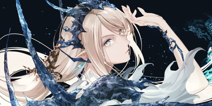 1girl black_background blonde_hair en_(enxxx) final_fantasy final_fantasy_xvi grey_eyes jill_warrick long_hair looking_at_viewer pointy_ears shiva_(final_fantasy) shoulder_spikes solo spikes tiara upper_body