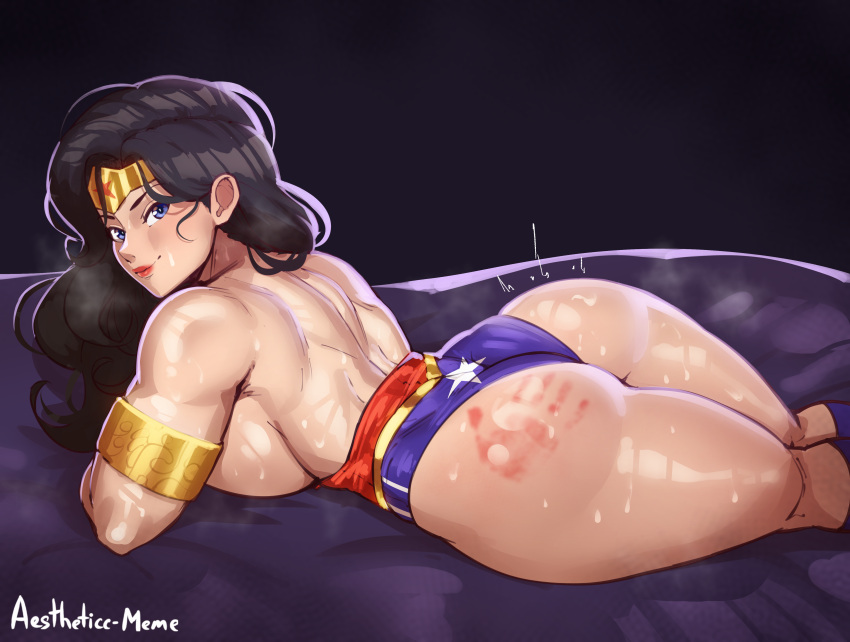 1girl absurdres aestheticc-meme armlet ass bare_shoulders black_hair blue_eyes breasts closed_mouth dc_comics highres large_breasts leotard leotard_pull lips looking_at_viewer lying muscular muscular_female on_stomach red_lips sideboob slap_mark smile solo tiara wonder_woman