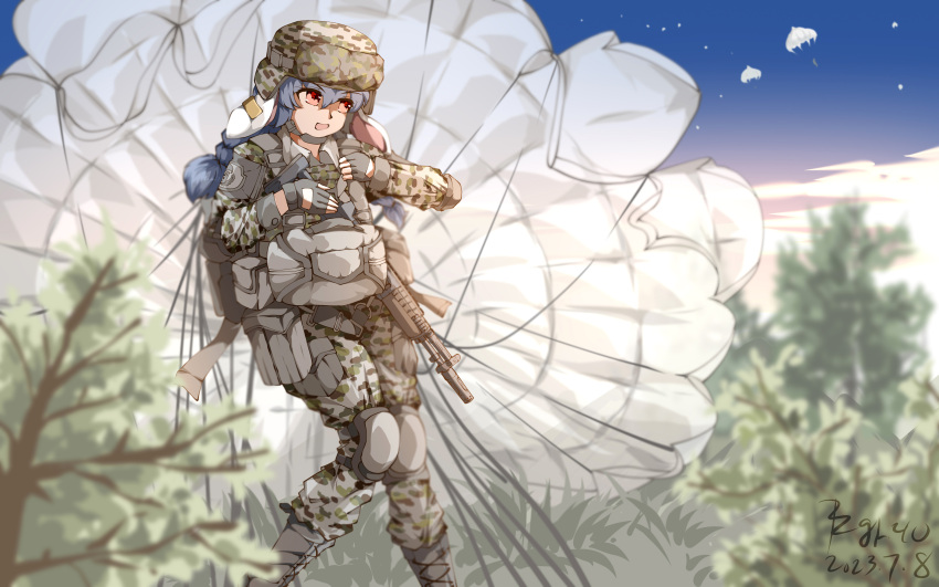 1girl a545 absurdres animal_ears black_gloves blue_hair blue_sky blurry braid chinese_commentary commentary_request dated depth_of_field earclip fingerless_gloves gloves gun hat highres knee_pads long_hair long_sleeves military military_uniform open_mouth outdoors parachute pzgr.40 rabbit_ears rabbit_girl red_eyes seiran_(touhou) signature sky solo tactical_clothes touhou twin_braids uniform weapon