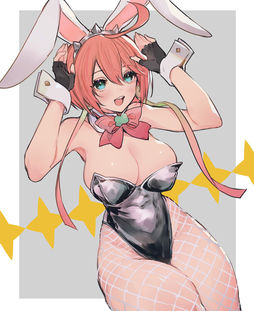 1girl ahoge animal_ears armpits arms_up bare_shoulders black_gloves black_leotard blush bow bowtie breasts bunny_day cleavage elphelt_valentine fake_animal_ears fingerless_gloves fishnet_pantyhose fishnets gloves guilty_gear guilty_gear_xrd hairband highres huge_ahoge large_breasts leotard open_mouth oro_(sumakaita) pantyhose pink_bow pink_bowtie pink_hair playboy_bunny rabbit_ears short_hair sleeveless solo spiked_hairband spikes wrist_cuffs