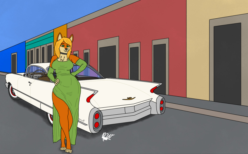 anthro cadillac canid canine canis clothed clothing delta_dewitt detailed_background digital_media_(artwork) female fox fur hair mammal smile solo vehicle