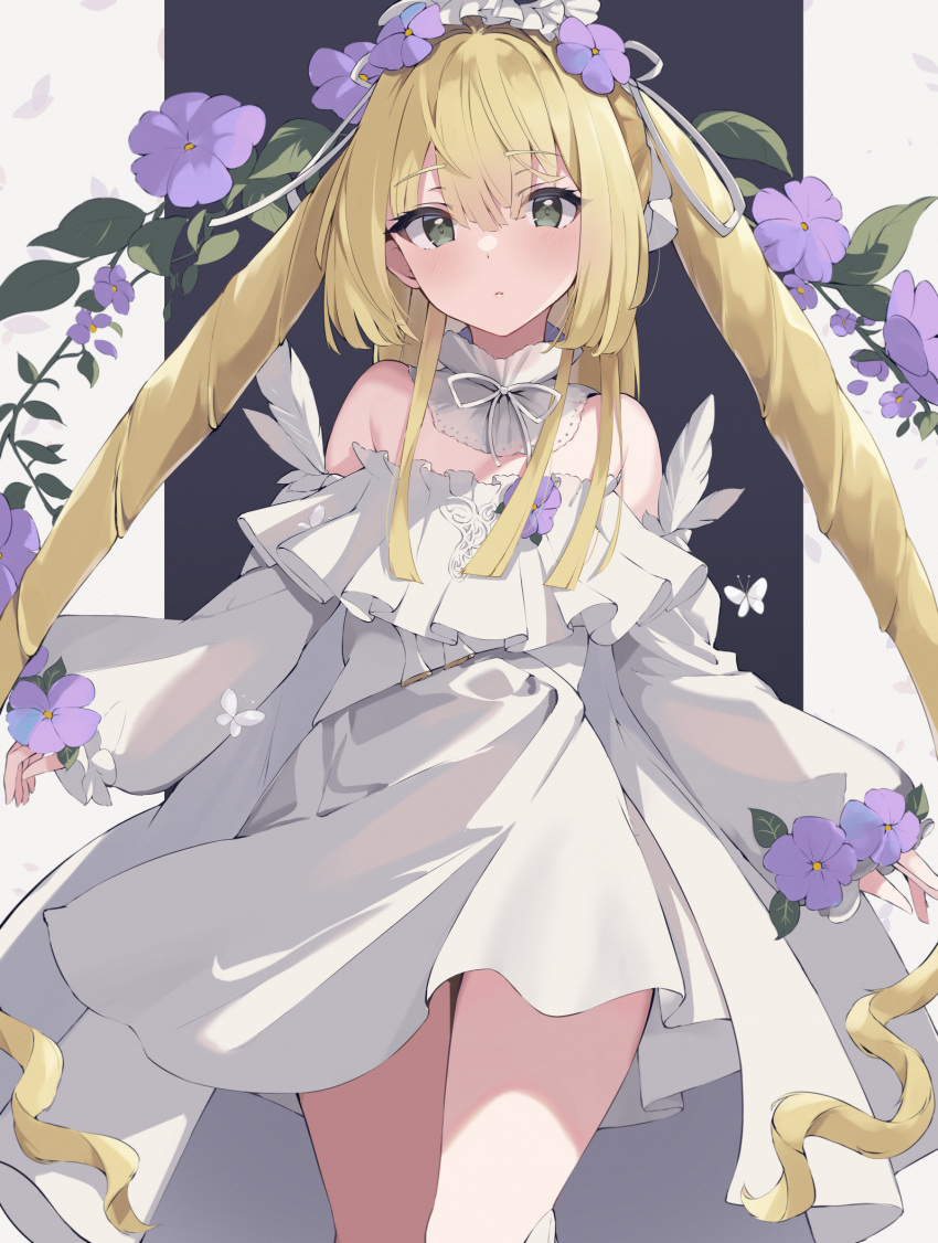 1girl bare_shoulders blonde_hair blush bow bowtie breasts bug butterfly character_request chunithm closed_mouth collar commentary_request cowboy_shot crossed_legs detached_collar dress dress_flower drill_hair expressionless floating_clothes floral_background flower frilled_collar frilled_dress frills green_eyes hair_flower hair_ornament highres lavender_(flower) long_hair long_sleeves maid_headdress mushpz off-shoulder_dress off_shoulder simple_background small_breasts solo thighs twin_drills twintails very_long_hair watson_cross white_dress wrist_flower