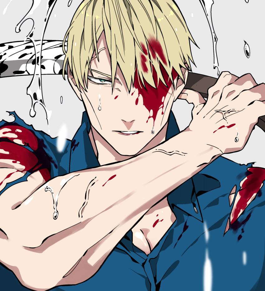 1boy absurdres blonde_hair blood blue_shirt brown_eyes collared_shirt highres holding holding_knife holding_weapon jujutsu_kaisen knife lips looking_at_viewer male_focus mochiya_(mochiya0504) nanami_kento parted_lips shirt short_hair solo torn_clothes torn_shirt upper_body veins veiny_arms veiny_hands water water_drop weapon