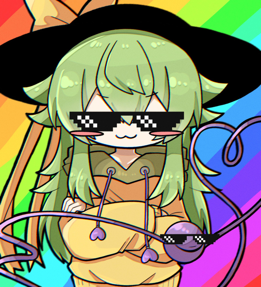 1girl :3 adapted_costume black_headwear blush blush_stickers bow chromatic_aberration closed_mouth deal_with_it_(meme) drawstring facing_viewer film_grain green_hair hair_flaps hat hat_ribbon heart heart_of_string highres hood hood_down hoodie komeiji_koishi long_hair long_sleeves meme mlg rainbow_background ribbon sidelocks solo straight-on touhou v-shaped_eyebrows yellow_bow yellow_hoodie yellow_ribbon zunusama