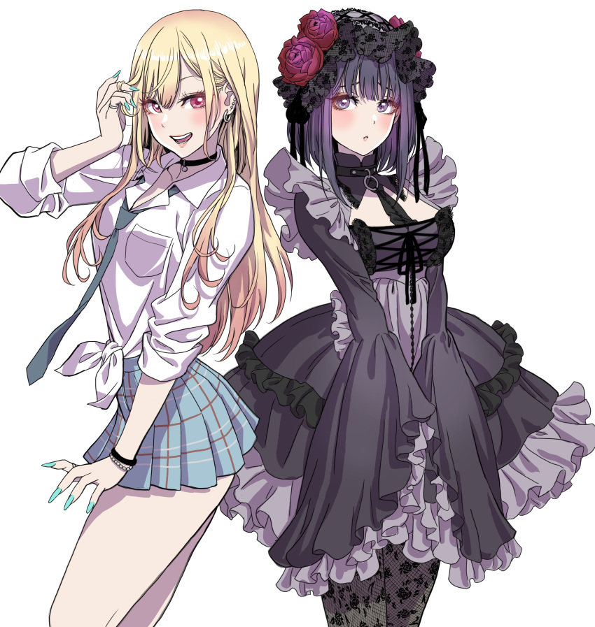 2girls absurdres animal_ears blonde_hair blush bow bowtie bracelet breast_pocket breasts choker commentary_request dress fingernails frilled_dress frills gothic_lolita hand_up highres jewelry kitagawa_marin kuroe_shizuku lips lolita_fashion long_hair long_sleeves looking_at_viewer medium_breasts multiple_girls nail_polish necktie open_mouth pantyhose pleated_skirt pocket purple_eyes purple_hair red_eyes ring shirt short_dress short_hair simple_background skirt sleeves_past_wrists sleeves_rolled_up smile sono_bisque_doll_wa_koi_wo_suru teeth thighs upper_teeth_only white_background white_shirt wide_sleeves yamashita_shun'ya
