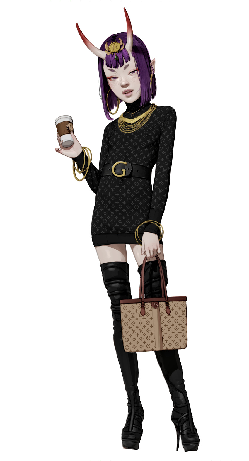 1girl absurdres bag belt black_dress black_footwear black_thighhighs bob_cut boots bracelet coffee_cup cup diathorn disposable_cup dress earrings eyeliner fashion fate/grand_order fate_(series) full_body gold_necklace handbag headpiece high_heel_boots high_heels highres holding holding_cup hoop_earrings horns jewelry looking_at_viewer louis_vuitton_(brand) makeup necklace oni oni_horns parted_lips pointy_ears purple_eyes purple_hair short_eyebrows short_hair shuten_douji_(fate) simple_background skin-covered_horns solo standing thigh_boots thighhighs white_background
