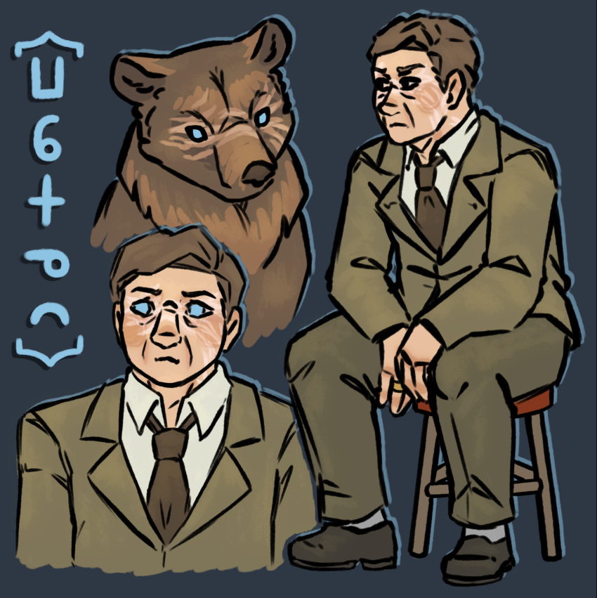 2020 anthro bear blind blue_eyes brown_body brown_clothing brown_fur brown_hair clothed clothing donny_blevins drop_shadow eye_scar facial_scar feral fully_clothed fur hair hi_res human male mammal mature_male pavel_sokolov portrait scar simple_background sitting solo suit_and_tie text text_drop_shadow unusual_font were wereursid