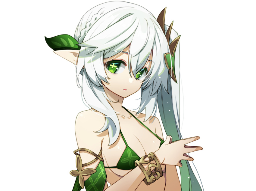 1girl akino_sora bikini bracelet breasts commentary_request genshin_impact gradient_hair green_bikini green_eyes green_hair hair_between_eyes highres jewelry long_hair looking_at_viewer medium_breasts multicolored_hair nahida_(genshin_impact) pointy_ears side_ponytail simple_background solo swimsuit white_background