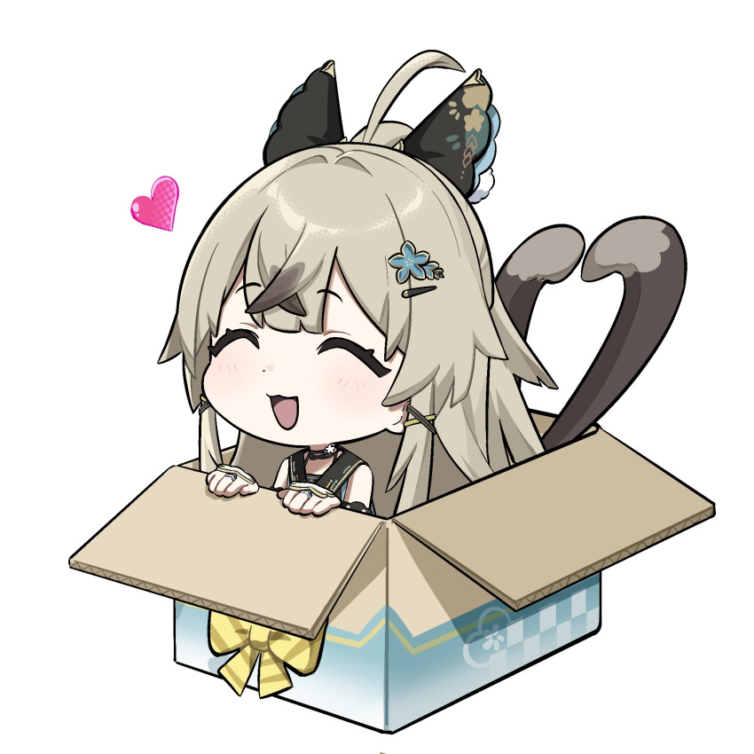 1girl ahoge animal_ears black_hair blush box cardboard_box cat_ears cat_girl cat_tail chibi choker closed_eyes detached_sleeves english_commentary genshin_impact grey_hair hair_ornament hairclip heart highres in_box in_container kekek kirara_(genshin_impact) long_hair multicolored_hair multiple_tails open_mouth simple_background solo tail white_background