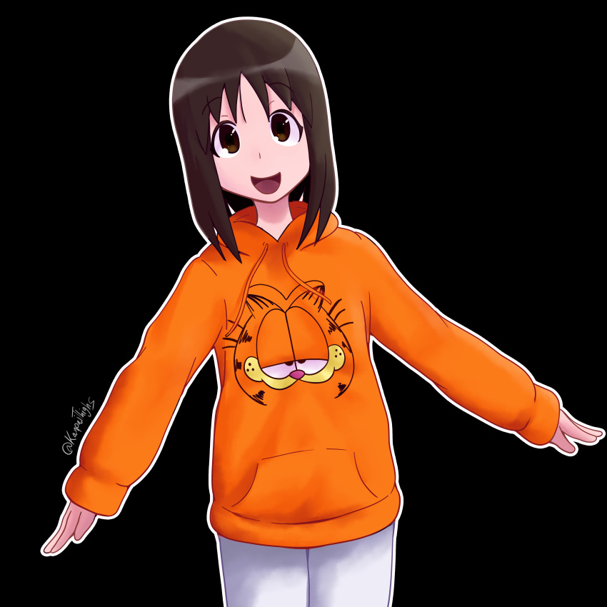 1girl :d absurdres azumanga_daioh black_background brown_eyes brown_hair garfield highres hood hoodie kanpaithighs kasuga_ayumu looking_at_viewer medium_hair open_mouth orange_hoodie outline pants print_hoodie smile solo white_outline white_pants