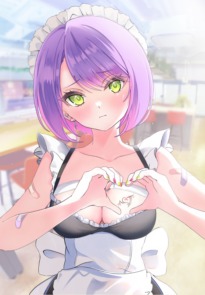 1girl apron bandaid bandaid_on_arm black_dress blurry blurry_background blush breast_tattoo breasts chest_strap closed_mouth colored_inner_hair dress ear_piercing earrings frilled_apron frilled_dress frills gradient_hair green_eyes heart heart_hands heart_o-ring highres hololive indoors jewelry kurusu_rei looking_at_viewer maid maid_apron maid_headdress medium_breasts multicolored_hair o-ring piercing pink_hair plunging_neckline purple_hair short_hair streaked_hair swept_bangs tattoo tokoyami_towa virtual_youtuber white_apron