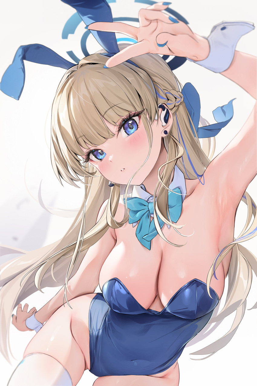 1girl absurdres animal_ears aqua_bow aqua_bowtie bare_shoulders blonde_hair blue_archive blue_eyes blue_leotard blue_nails bow bowtie braid breasts cleavage detached_collar earpiece earrings fake_animal_ears halo highleg highleg_leotard highres houkisei jewelry large_breasts leotard long_hair looking_at_viewer multicolored_hair official_alternate_costume playboy_bunny rabbit_ears solo strapless strapless_leotard streaked_hair stud_earrings thighhighs toki_(blue_archive) toki_(bunny)_(blue_archive) very_long_hair white_thighhighs white_wrist_cuffs wrist_cuffs