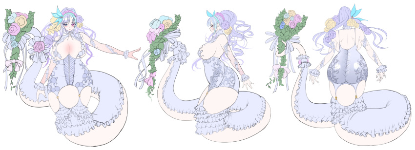 apode back_boob big_breasts blue_eyes bouquet breasts cleavage clothed clothing cornelia_(eden's_ritter_grenze) digital_media_(artwork) draconcopode dress eden's_ritter_grenze female flower flower_bouquet hair heterochromia hi_res huge_breasts humanoid_pointy_ears lamia legless light_body light_skin monster_girl_(genre) naglfar pink_eyes plant ponytail purple_hair reptile scalie serpentine side_boob snake split_form vein veiny_breasts veiny_skin wedding_dress white_hair