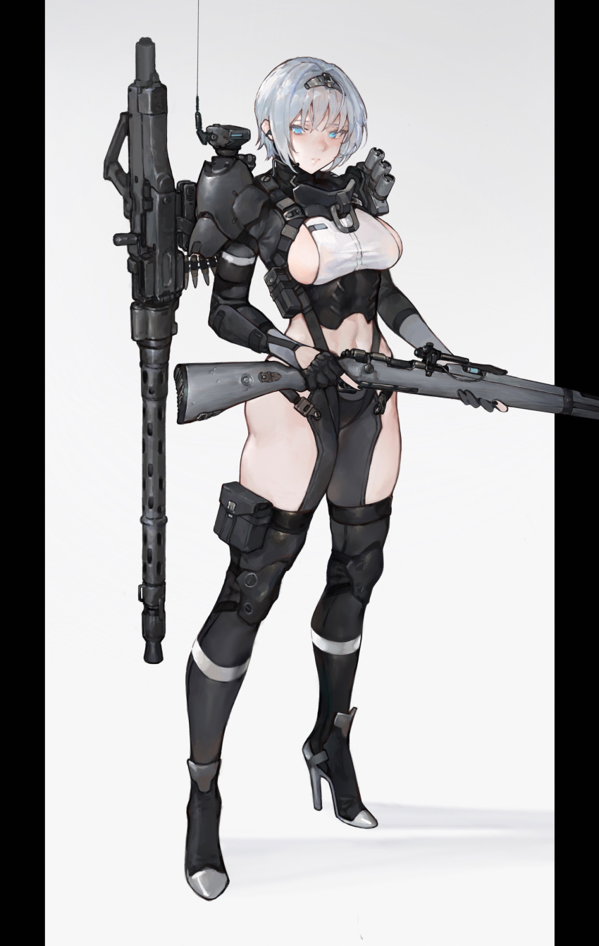1girl absurdres black_footwear black_gloves black_nails black_panties blue_eyes bolt_action boots breasts closed_mouth commentary earpiece fingerless_gloves fingernails gloves grey_hair gun high_heel_boots high_heels highres holding holding_gun holding_weapon iuui knee_pads large_breasts looking_at_viewer nail_polish original panties partially_fingerless_gloves pillarboxed radio_antenna rifle shadow short_hair shrug_(clothing) solo standing symbol-only_commentary thigh_boots thigh_pouch underwear weapon weapon_request white_background