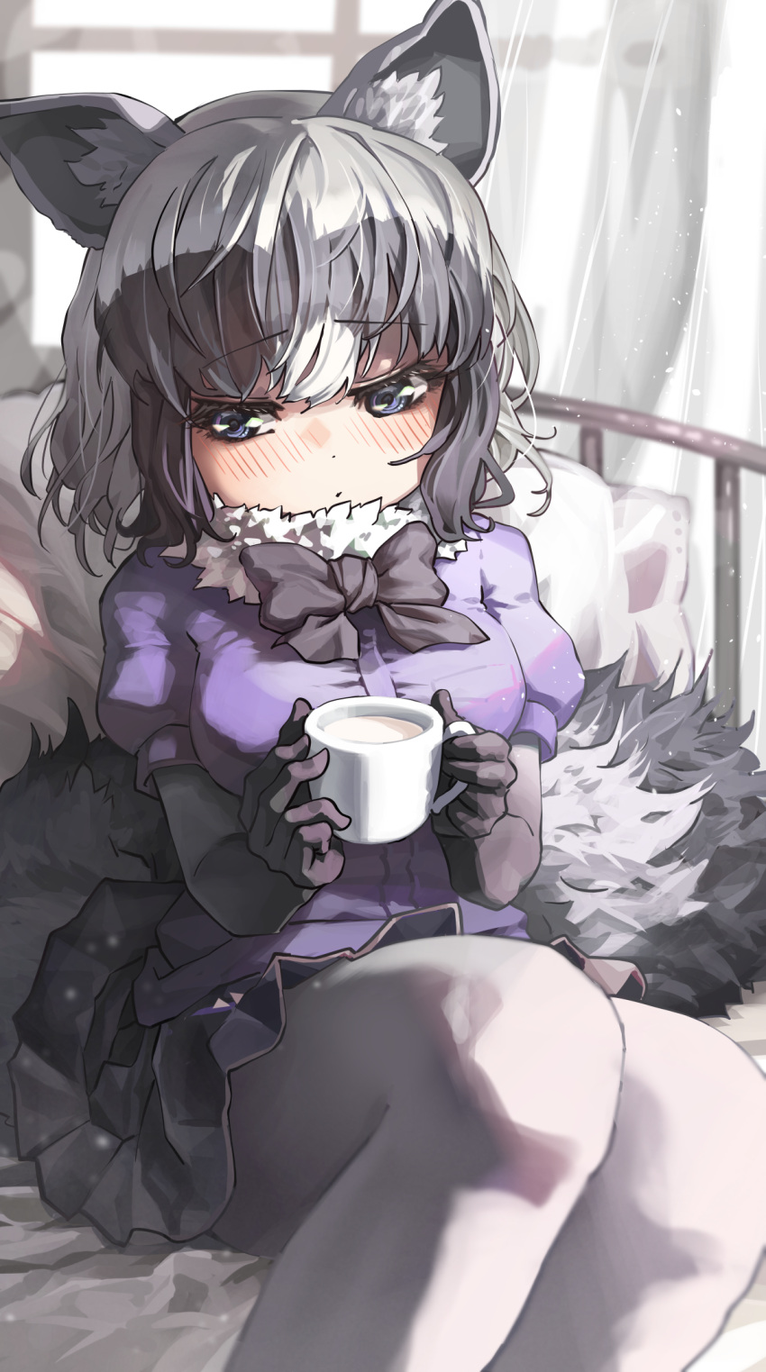 1girl animal_ears black_bow black_bowtie black_gloves black_skirt blue_eyes blue_sweater blush bow bowtie common_raccoon_(kemono_friends) cup elbow_gloves fur_collar gloves grey_hair highres kemono_friends melaton mug multicolored_hair on_bed pantyhose pleated_skirt puffy_short_sleeves puffy_sleeves raccoon_ears raccoon_girl raccoon_tail short_hair short_sleeves skirt solo sweater tail white_fur white_hair white_pantyhose