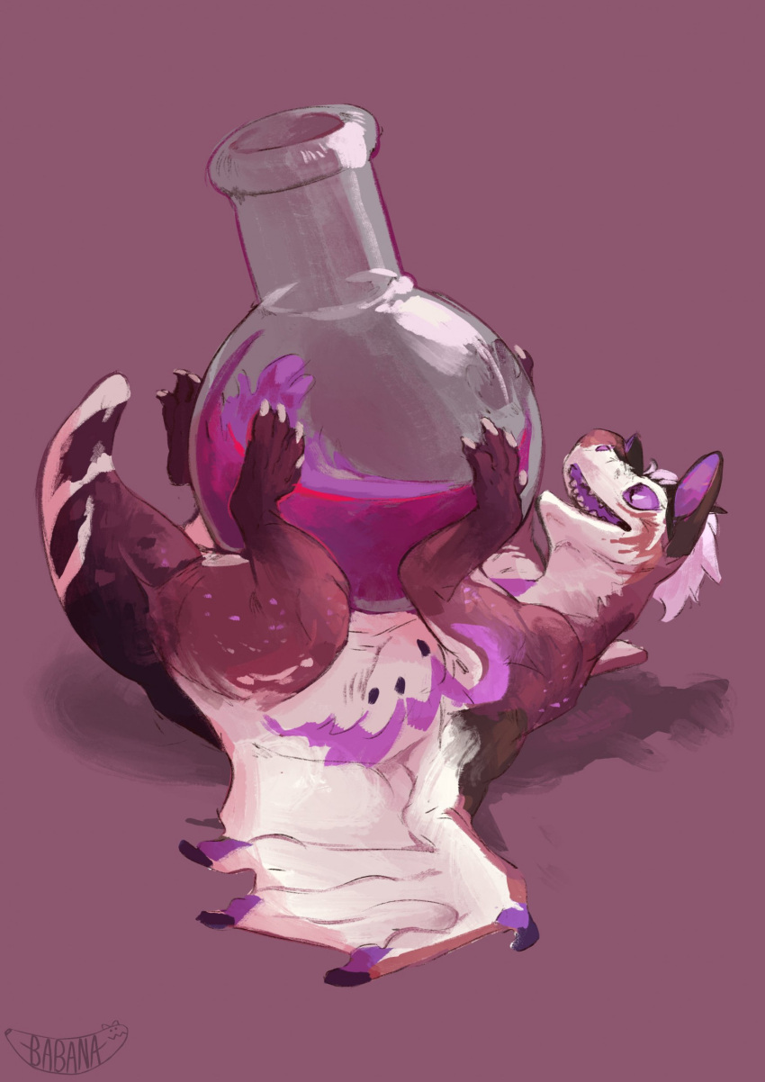 2021 ambiguous_gender artfight artist_logo babanasaur bottle brown_body container digital_media_(artwork) dragon feral hi_res holding_bottle holding_container holding_object logo looking_up lying markings on_back open_mouth purple_background purple_body purple_ears purple_eyes purple_liquid shadow simple_background solo tail teeth white_body wing_claws