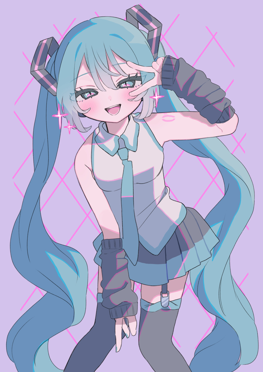 1girl :d absurdres aqua_eyes aqua_hair aqua_nails aqua_necktie aqua_skirt argyle argyle_background arm_tattoo arm_up arm_warmers bare_shoulders black_arm_warmers black_skirt black_thighhighs blush breasts collared_shirt feet_out_of_frame garter_straps hair_between_eyes hair_ornament hakudaku half-closed_eyes hatsune_miku highres kneehighs knees_together_feet_apart long_hair looking_at_viewer medium_breasts multicolored_eyes necktie number_tattoo open_mouth pink_eyes pleated_skirt purple_background shirt sidelocks simple_background skirt sleeveless sleeveless_shirt smile socks solo sparkle sparkling_eyes standing tattoo thighhighs twintails two-tone_skirt v_over_eye very_long_hair vocaloid white_shirt wing_collar