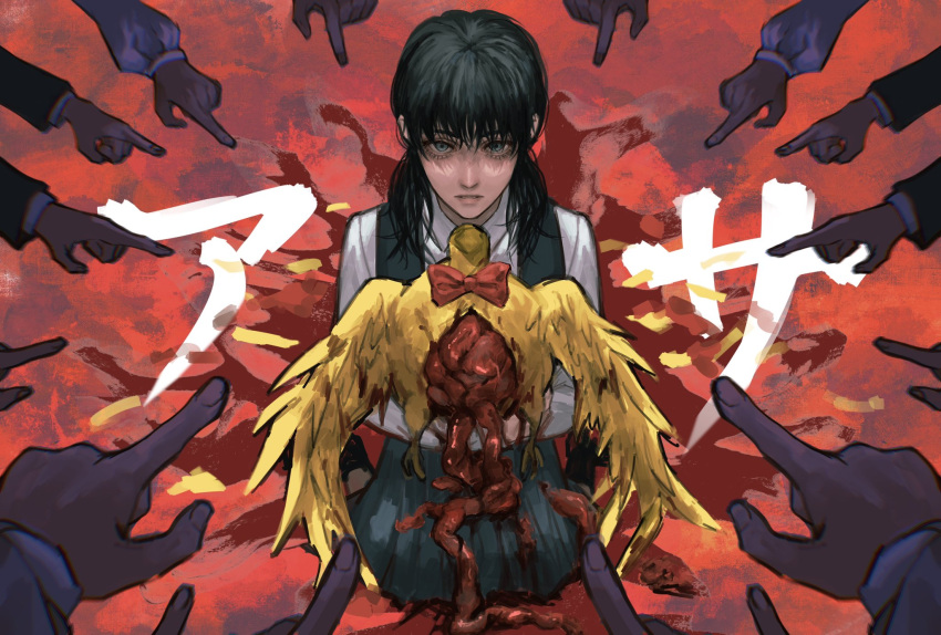 1girl animal bird black_hair bow bowtie bucky_(chainsaw_man) chainsaw_man chicken collared_shirt dress fourth_east_high_school_uniform headless highres holding holding_animal holding_bird intestines long_hair looking_at_viewer mitaka_asa neck_ribbon organs pinafore_dress ribbon school_uniform shirt sleeveless sleeveless_dress tyt_tham white_shirt