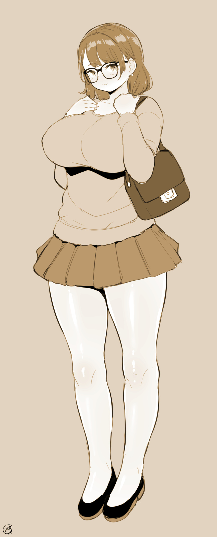 1girl absurdres bag born-to-die breasts full_body glasses handbag highres large_breasts looking_at_viewer miniskirt monochrome original pleated_skirt skirt solo