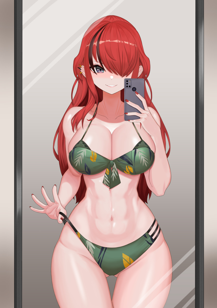 1girl abs absurdres bandeau bikini black_hair breasts cellphone cowboy_shot ear_piercing front-tie_bikini_top front-tie_top green_bikini grey_eyes hair_over_one_eye highres holding holding_phone jacket lain_paterson large_breasts layered_bikini lazycoffee_(wyen_iscordo) leaf_print long_hair looking_at_viewer mirror multi-strapped_bikini_bottom multicolored_hair navel nijisanji parted_lips phone piercing red_hair red_nails reflection selfie smartphone smile solo spiked_ear_piercing stomach strap_lift strapless streaked_hair swimsuit taking_picture thigh_gap virtual_youtuber yellow_jacket