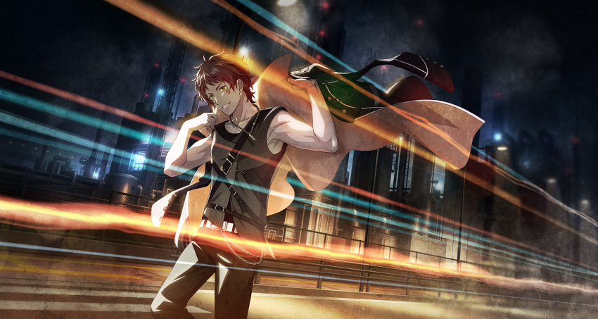 1boy bare_arms belt black_pants enjoji_michiru factory green_eyes highres holding holding_clothes holding_jacket idolmaster idolmaster_side-m idolmaster_side-m_growing_stars jacket male_focus official_art pants sleeveless smile