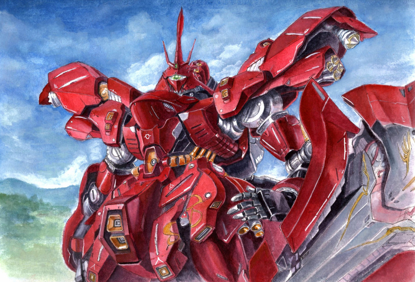 arata_(arata333333) arm_shield blue_sky char's_counterattack cloud cloudy_sky commentary day english_commentary green_eyes gundam highres mecha mobile_suit mountain neo_zeon no_humans one-eyed outdoors robot sazabi science_fiction sky solo traditional_media watercolor_pencil_(medium)