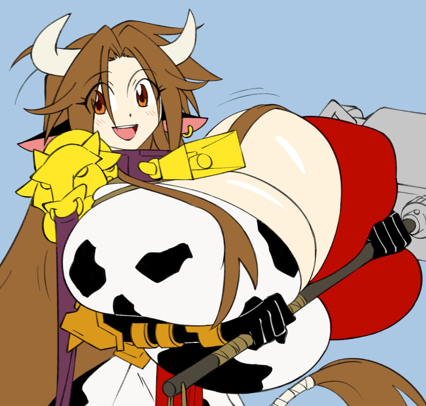 animal_humanoid animal_print big_breasts bovid bovid_humanoid bovine bovine_humanoid breasts brown_eyes brown_hair cattle_humanoid cleavage clothed clothing cow_print cowbell ear_piercing female hair hi_res horn horned_humanoid huge_breasts humanoid hyper hyper_breasts looking_at_viewer mammal mammal_humanoid matsu-sensei melee_weapon meushi_mattie_(matsu-sensei) motion_lines open_mouth piercing simple_background smile solo teeth weapon