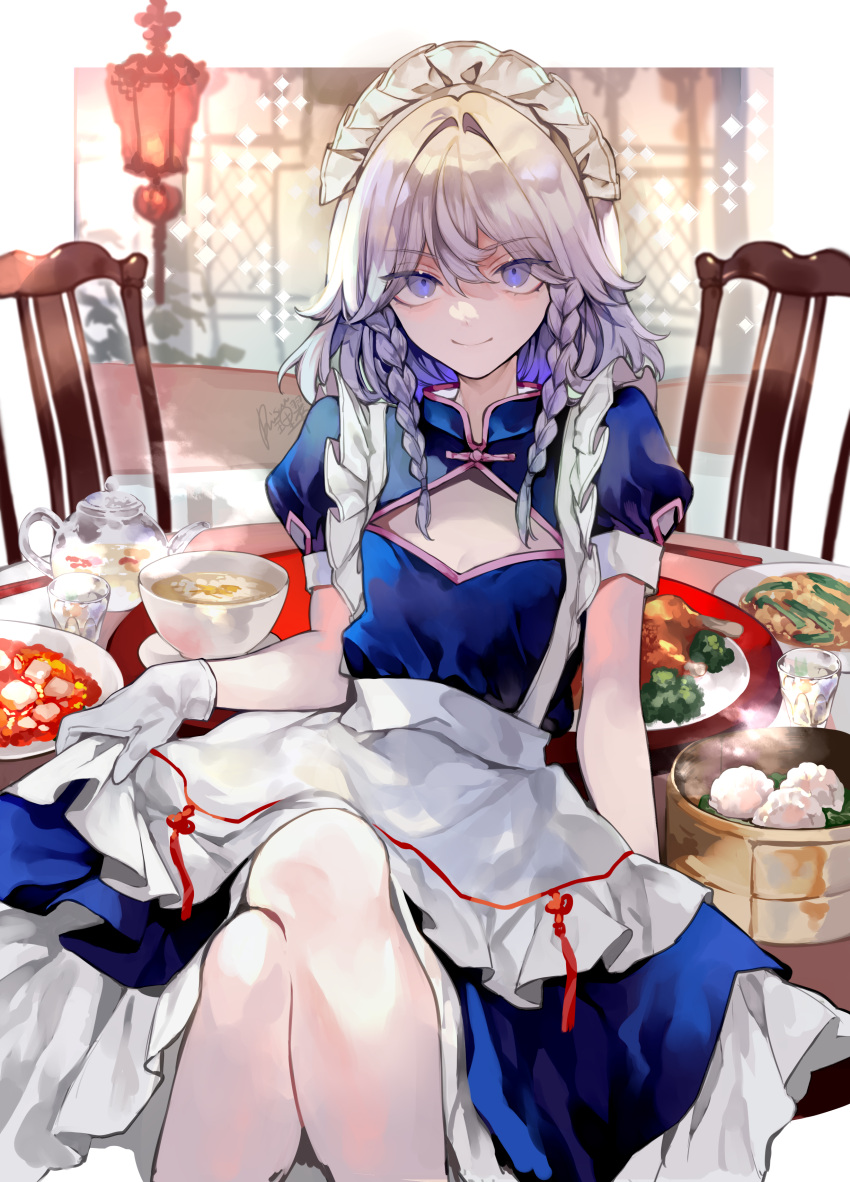 1girl absurdres adapted_costume apron bamboo_steamer blue_dress blue_eyes bowl braid chair crossed_legs cup dim_sum dress food food_request gloves grey_hair highres izayoi_sakuya maid maid_apron maid_headdress mapo_tofu plate qi_maid risui_(suzu_rks) short_sleeves signature sitting smile solo touhou twin_braids white_apron white_gloves white_headdress