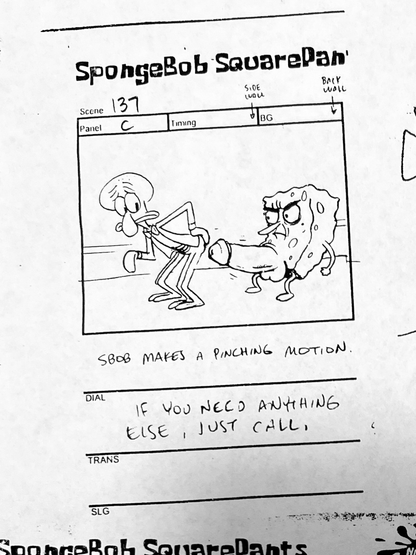 3:4 angry animal_humanoid balls bent_over big_penis black_and_white bow_tie cephalopod cephalopod_humanoid clothing coat early_2000s english_text erection frown genitals hand_on_butt hi_res humanoid imminent_anal looking_at_another looking_back lost_media male male/male marine marine_humanoid mollusk mollusk_humanoid monochrome multi_leg multi_limb nickelodeon nude penis sea_sponge spongebob_squarepants spongebob_squarepants_(character) squid_humanoid squidward_tentacles standing storyboard text topwear unknown_artist worried worried_look