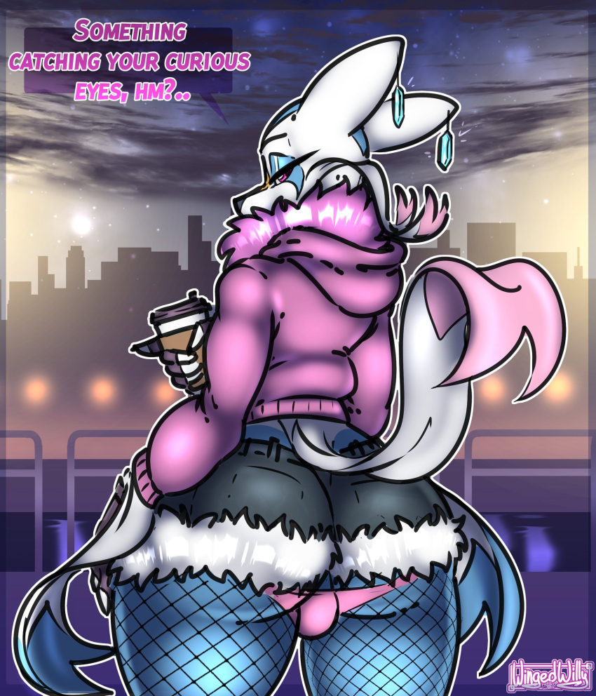 2023 akari_jamisson aki_(wingedwilly) anthro bedroom_eyes big_butt bottomwear bulge butt city cityscape clothing coffee_cup container cup cutoffs denim denim_clothing detailed_background dialogue ear_piercing english_text fishnet generation_5_pokemon girly hand_on_hip hi_res holding_coffee_cup holding_container holding_cup holding_object hoodie looking_back male mienshao narrowed_eyes nintendo outside panties perineum piercing pokemon pokemon_(species) public seductive shorts signature solo speech_bubble talking_to_viewer text thick_thighs topwear underwear wingedwilly