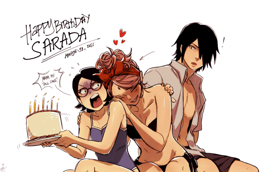 ! 1boy 2girls alternate_hairstyle amputee bare_pectorals bikini birthday_cake black_bikini black_hair black_shorts blue_one-piece_swimsuit boruto:_naruto_next_generations breasts cake candle ceejles cleavage commentary dated english_text facial_mark family father_and_daughter food forehead_mark hair_over_one_eye hairband happy_birthday haruno_sakura heart highres holding holding_cake holding_food husband_and_wife mother_and_daughter multiple_girls naruto_(series) one-piece_swimsuit open_clothes open_mouth open_shirt pectorals pink_hair red_hairband short_hair shorts side-tie_bikini_bottom sitting small_breasts strapless strapless_bikini swimsuit uchiha_sarada uchiha_sasuke