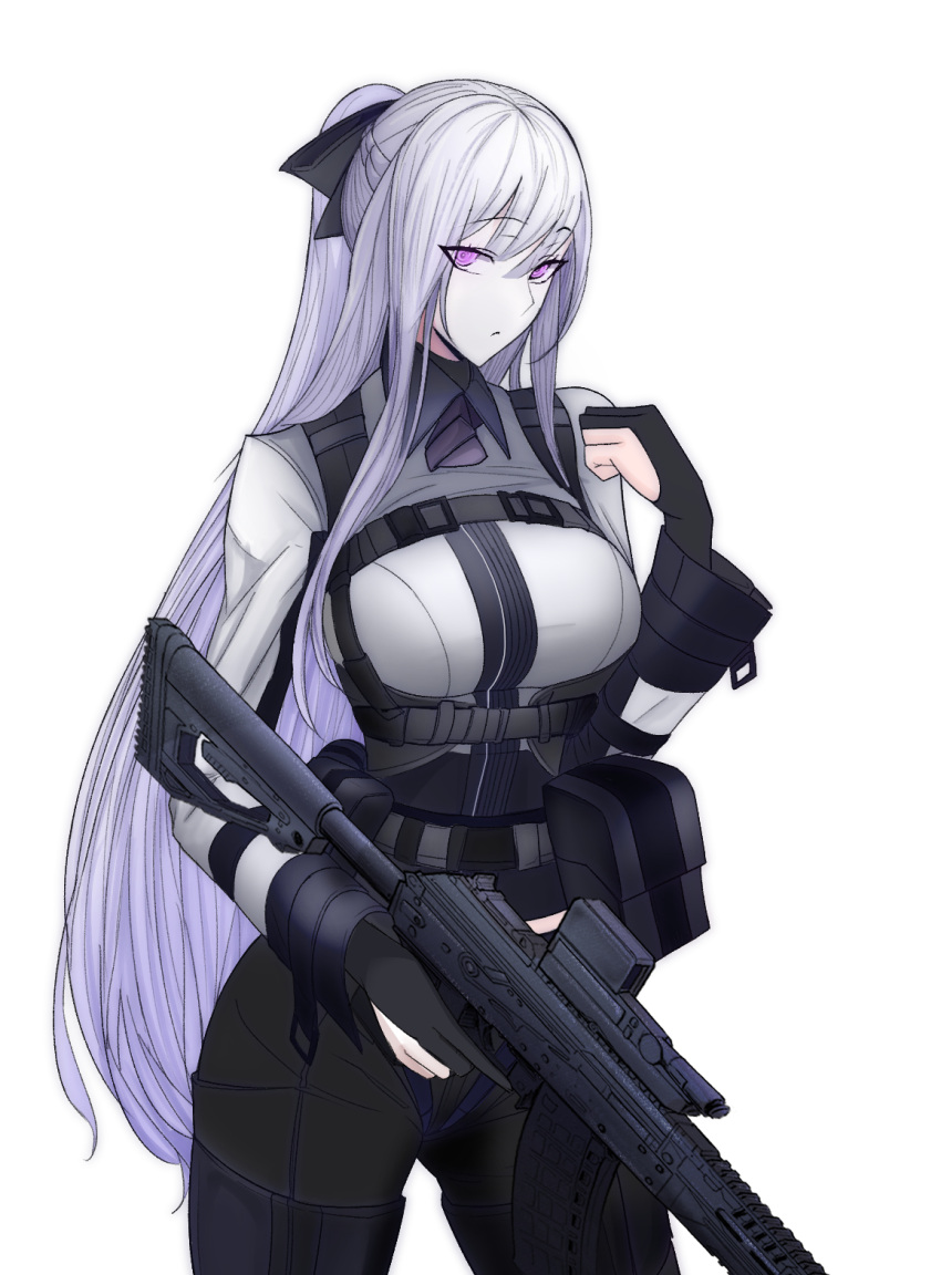 1girl ak-12 artificial_eyes assault_rifle belt belt_pouch black_gloves eyebrows_hidden_by_hair girls'_frontline gloves gun hair_between_eyes highres holding holding_gun holding_weapon kalashnikov_rifle long_bangs long_hair long_sleeves looking_at_viewer pink_eyes ponytail pouch rifle simple_background solo strap swavigg tactical_clothes weapon white_background white_hair