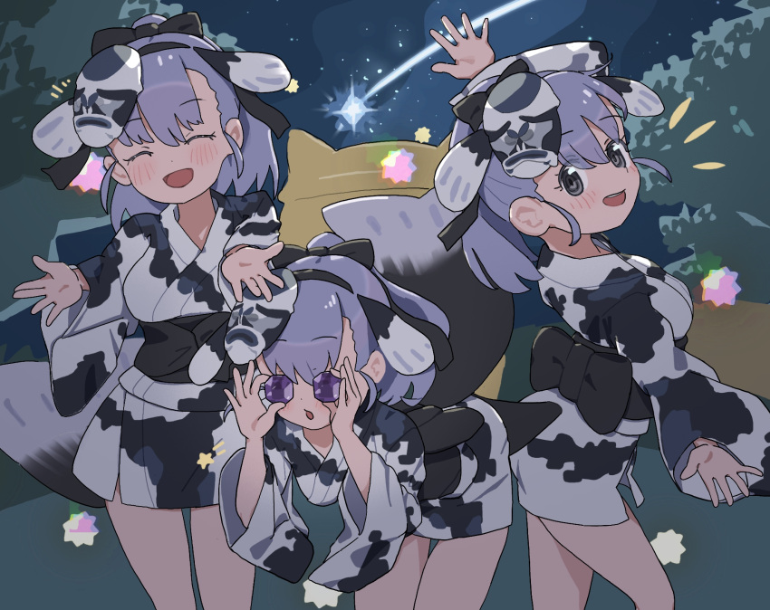 1girl 3girls animal_print back_bow blush bow closed_eyes fish_print gem grey_eyes grey_hair grey_kimono highres japanese_clothes jinmen-gyo_(kemono_friends) kemono_friends kimono kunikuni_(kunihiro2005) mask mask_on_head multiple_girls open_mouth ponytail print_kimono sandstar short_hair smile solo