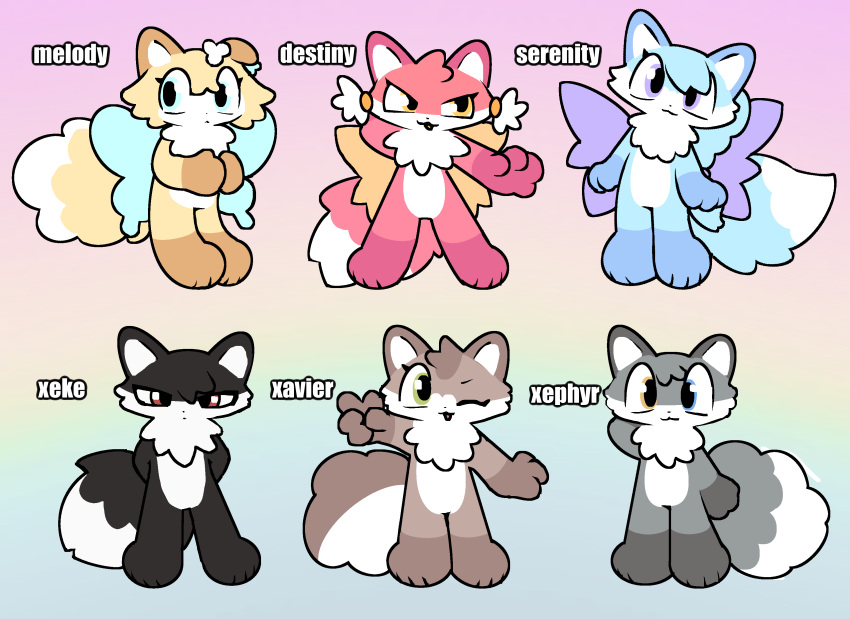 absurd_res anthro black_body black_fur blue_body blue_fur brown_body brown_fur canid canine fairy female fox fur grey_body grey_fur group hi_res male mammal model_sheet rainbow_background red_body red_fur simple_background smile yakkotsuki yellow_body yellow_fur