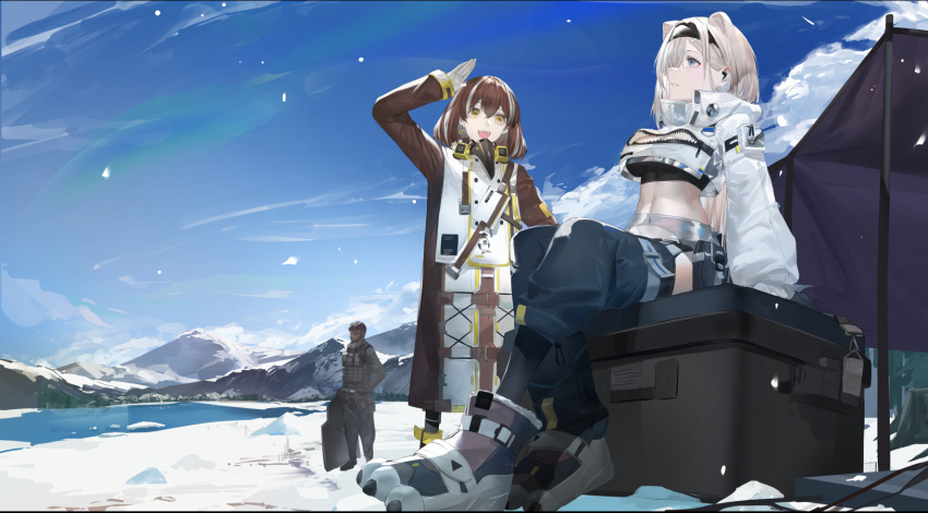 1boy 2girls animal_ears arknights arm_up aurora_(arknights) bear_ears bear_girl black_coat black_shirt blazpu blue_eyes blue_pants blue_sky boots box breasts brown_hair canopy_(shelter) cleavage cleavage_cutout clothing_cutout coat cropped_jacket cropped_shirt day dreadlocks earrings extra_ears hair_ornament hairclip highres jacket jewelry large_breasts long_sleeves looking_at_another magallan_(arknights) mask mask_around_neck medium_breasts mountain multicolored_coat multicolored_hair multiple_girls navel open_mouth outdoors pants sharp_(arknights) shield shirt sitting sky snow stomach streaked_hair teeth tree_stump two-tone_coat upper_teeth_only white_coat white_hair white_jacket winter yellow_eyes