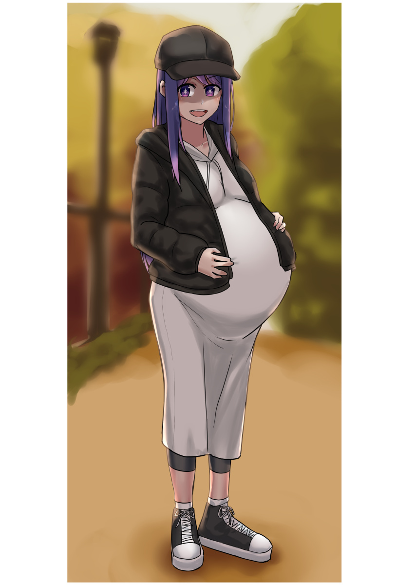 absurdres bike_shorts blurry blurry_background dress full_body garylin hand_on_own_stomach hat highres hoshino_ai_(oshi_no_ko) jacket long_dress long_sleeves looking_at_viewer mother's_day oshi_no_ko pregnant purple_eyes purple_hair shoes solo standing star-shaped_pupils star_(symbol) symbol-shaped_pupils